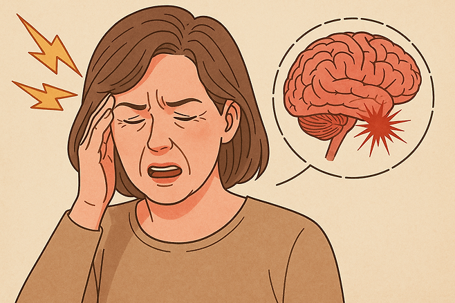 머리에 손을 얹고 인상쓰고 있는 여성