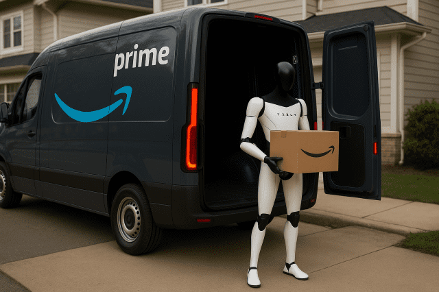 테슬라 옵티머스 로봇이 아마존 택배를 배송하는 모습을 상상한 이미지 (사진=챗GPT로 생성)