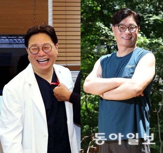 송준섭 강남제이에스병원 원장의 2022년(왼쪽)과 현재 모습. 그는 히딩크 감독이 80세에 가까운 나이에도 열심히 운동하며 건강하게 사는 모습을 보고 2년 전부터 근육운동을 시작해 10kg 넘게 체중을 감량했다.  동아일보 DB. 신원건 기자 laputa@donga.com