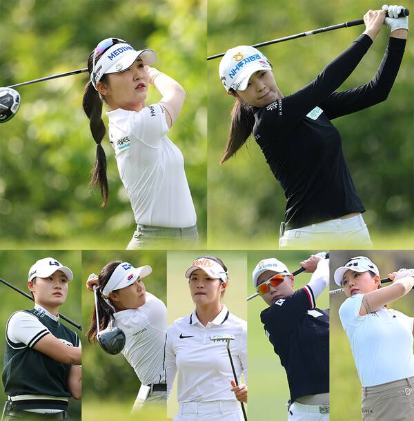 2025년 한국여자프로골프(KLPGA) 투어 셀트리온 퀸즈 마스터즈에 출전한 이예원, 이가영,&nbsp;서지은, 임희정, 김민별, 정윤지, 허다빈 프로가 1라운드에서 경기하는 모습이다. 사진제공=KLPGA