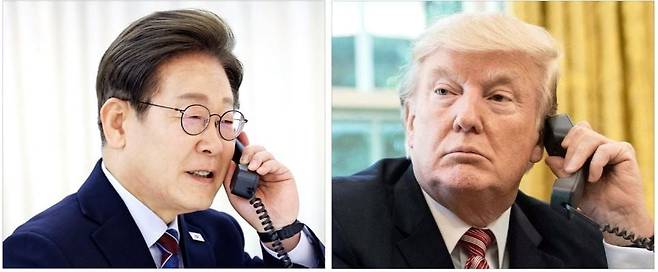 < 한·미 정상 대화 채널 복원 > 이재명 대통령이 6일 저녁 서울 한남동 관저에서 도널드 트럼프 미국 대통령과 통화하기 위해 전화기를 들고 있다. 이 대통령은 이날 오후 10시부터 약 20분간 트럼프 대통령과 통화하며 한·미 동맹과 관세 등을 논의했다. 트럼프 대통령이 지난 1월 취임한 이후 한국 대통령과 통화한 것은 이날이 처음이다. 오른쪽 사진은 ﻿2017년 트럼프 행정부 1기 당시 통화하는 모습. 김범준 기자/AFP연합뉴스
