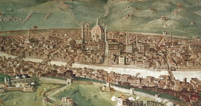 후대 화가인 조르조 바사리가 그린 '피렌체 풍경'의 일부. 1436년 완공된 둥근 지붕의 대성당이 압도적인 위용을 자랑한다. 당시 피렌체는 유럽에서 가장 선진화된 도시 중 하나였고, 대성당은 뉴욕의 엠파이트 스테이트 빌딩처럼 마천루와 비슷한 랜드마크 역할을 했다.