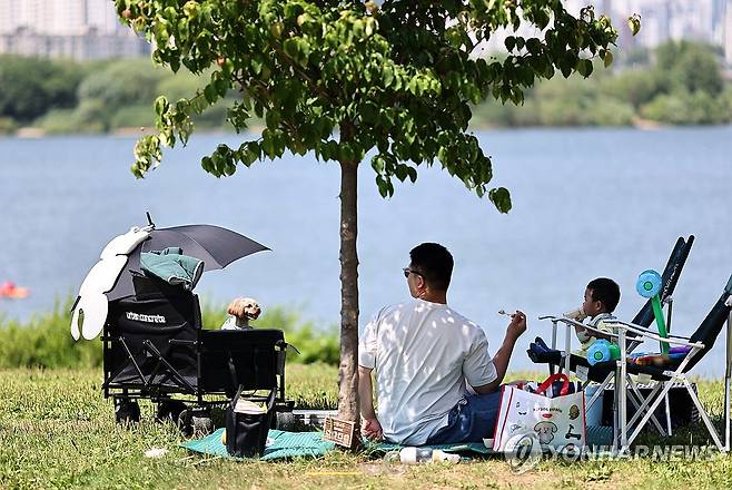 그늘 아래가 최고 (서울=연합뉴스) 윤동진 기자 = 현충일인 6일 시민들이 더위를 피해 여의도 공원에서 시간을 보내고 있다. 2025.6.6 mon@yna.co.kr