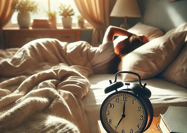 침대에서 뒤척이고 있는 여성