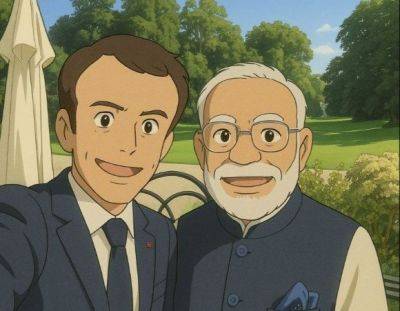 에마뉘엘 마크롱 프랑스 대통령(왼쪽)과 나렌드라 모디 인도 총리(오른쪽)가 찍은 사진이 챗PGT를 통해 ‘지브리 스타일’로 바뀐 그림 [이미지 출처=인도 정부 엑스(X·옛 트위터)]