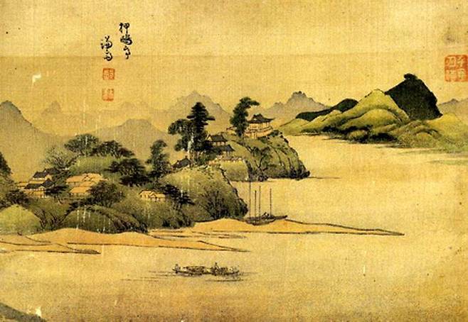 겸재 정선의 화첩 ‘경교명승첩’(1741∼1759)에 수록된 ‘압구정’. 현 영동대교에서 바라본 압구정동의 모습을 묘사했다. 가운데 언덕 위 기와집은 조선 세력가 한명회가 권세를 잃은 뒤 살던 집 ‘압구정’이다. 간송문화미술재단 제공