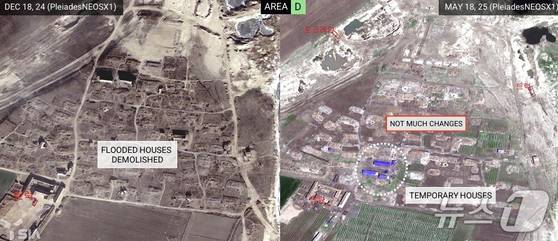 국내 위성분석 기업 에스아이에이(SIA)가 확보한 지난해 12월과 올해 5월 북한 평안북도 신의주의 위성 사진 모습. 수해 복구 상황이 거의 차이가 없다. 뉴스1