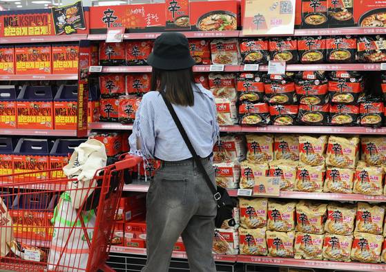 Ramen is displayed at a large supermarket in Seoul on June 8. [YONHAP]