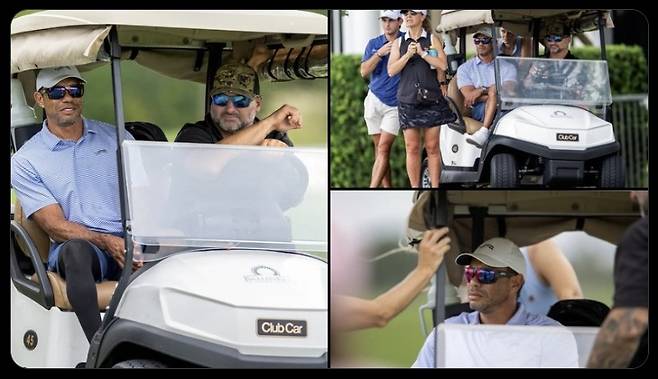 타이거 우즈가 지난 6일 미국 플로리다주 팜비치 가든의 밸런아일스 컨트리 클럽에서 플로리다주골프협회 아마추어 챔피언십에 출전한 아들 찰리의 경기를 지켜보고 있다. SNS 캡처
