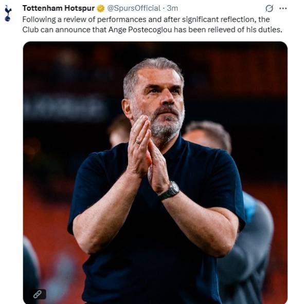 엔제 포스테코글루 감독 해임 소식을 알린 토트넘. /사진=토트넘 공식 SNS
