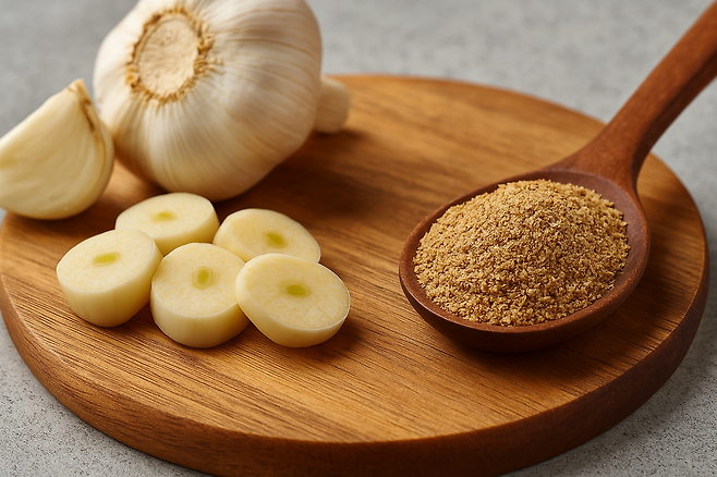 나무 도마에 올려져 있는 마늘과 나무 스푼 위에 올려져 있는 갈색 가루