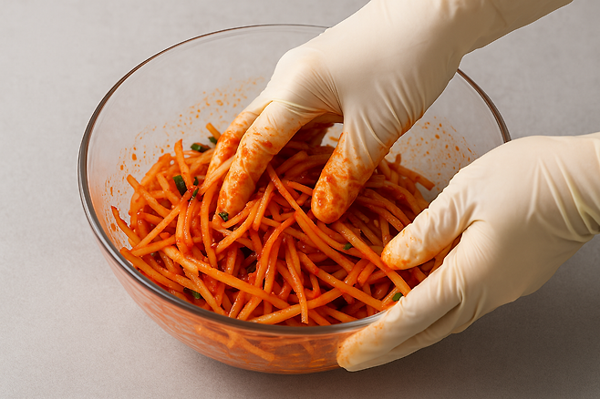 위생 장갑을 끼고 무생채 양념을 버무리고 있는 손