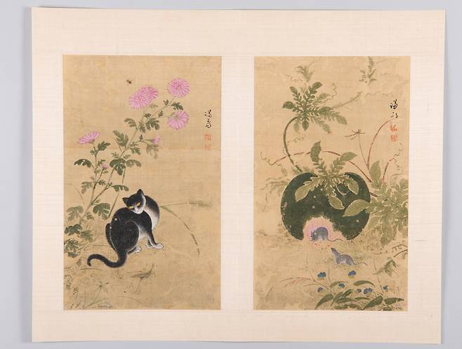 화훼영모화첩 수리복원 후 '추일한묘'(왼쪽)와  '서과투서'<대구간송미술관 제공>