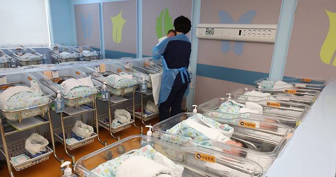 지난달 28일 경기도 고양시 한 병원의 신생아실에서 간호사가 신생아들을 돌보고 있는 모습. 사진은 기사와 직접적인 관련이 없음. /뉴시스