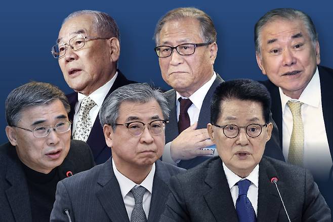 박지원 더불어민주당 의원은 9일 진보진영 외교안보 원로 인사들이 모이는 자주파 6인회라는 모임이 있다고 밝혔다. 맨 왼쪽부터 시계방향으로 6인회 멤버. 이종석 전 통일부 장관, 임동원 전 국정원장, 정세현 전 통일부 장관, 문정인 전 외교안보특보, 박지원 의원(전 국정원장), 서훈 전 국정원장. /그래픽=조선디자인랩 한유진
