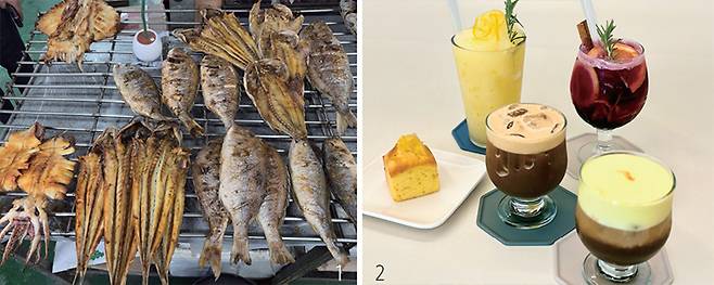 고흥전통시장의 ‘숯불생선구이’. 2 카페 보아즈의 유자가 들어간 다양한 디저트. /이용성 기자