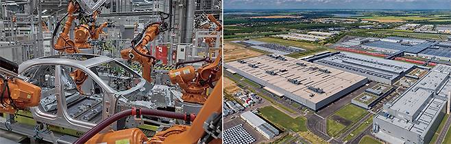 포르셰 라이프치히 공장에서 작업 중인 로봇(왼), 포르셰 라이프치히 공장 전경. /포르셰