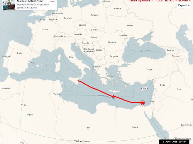 선박 경로 확인 프로그램을 통해 본 매들린호 위치. 누리집 갈무리