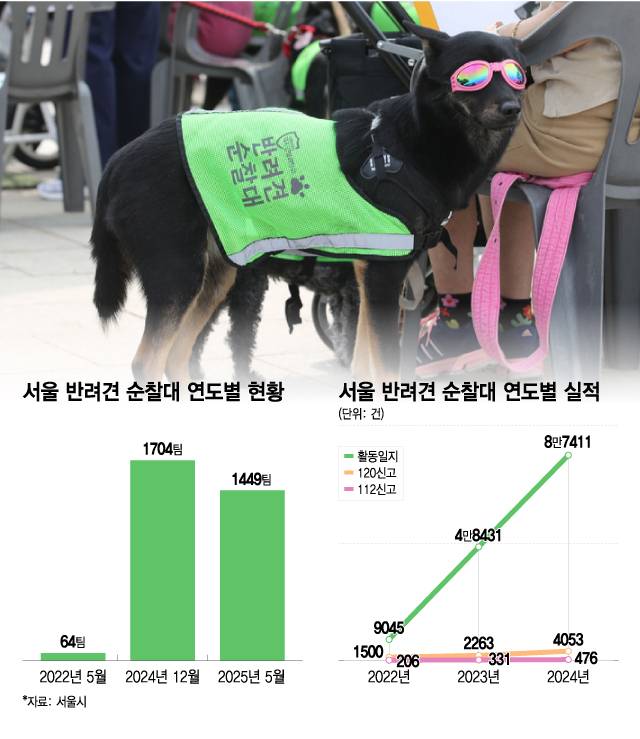 서울 반려견 순찰대 연도별 현황 및 실적. /시각물=이지혜 디자인 기자.