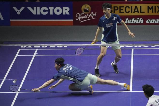 서승재-김원호는 지난 8일(현지시각) 2025 세계배드민턴연맹(BWF) 월드투어 슈퍼 1000 인도네시아오픈 결승에서 우승을 차지했다. 사진은 결승 경기중인 서승재-김원호 모습. /사진=뉴시스