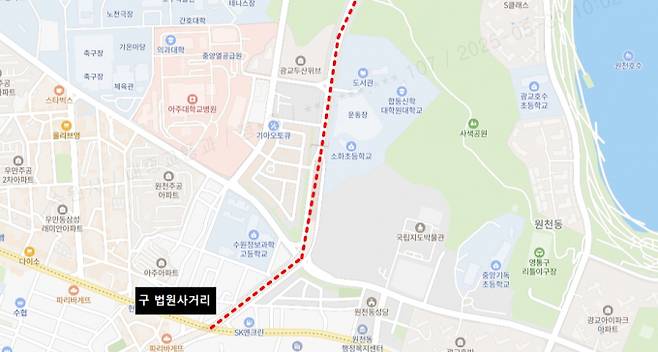 버스전용차로 지정을 해제한 광교중앙로 구간 노선. /사진제공=수원시