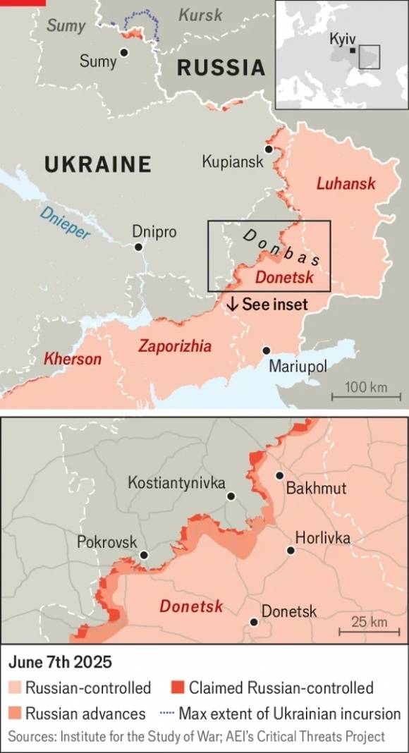 7일(현지시간) 우크라이나 동남부 전선 상황. 2025.6.8 이코노미스트 캡처(ISW 자료)