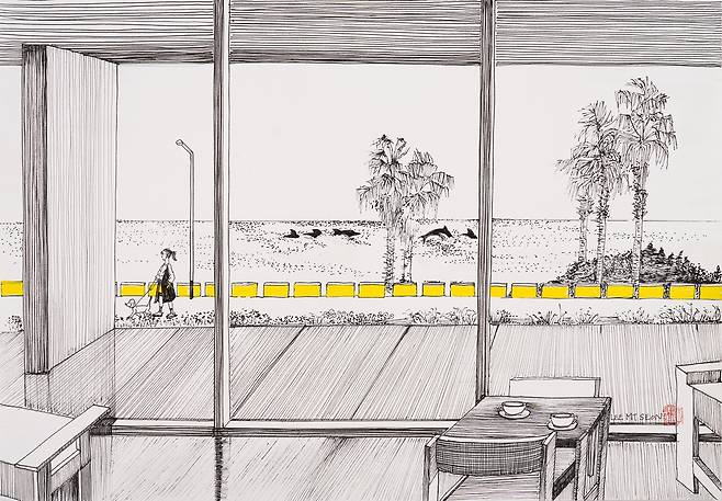 치유의정원에서 커피한잔 하실래요,&nbsp; &nbsp;51x35.5cm,&nbsp; &nbsp;종이위에 드로잉,&nbsp; &nbsp;2025 / 사진=이미선