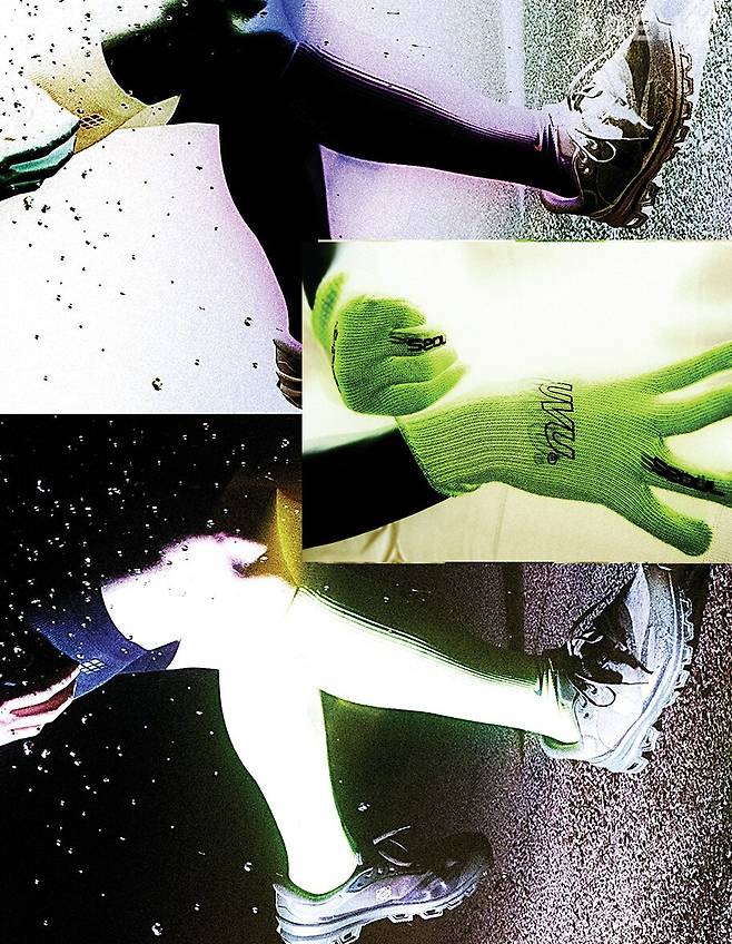 레깅스 쇼츠 14만9000원 CEP, 형광색 니삭스 가격미정 나이키, 애너그램 프린트 스니커즈 가격미정 로에베×온, 장갑 가격미정 UVU 제품.&nbsp;