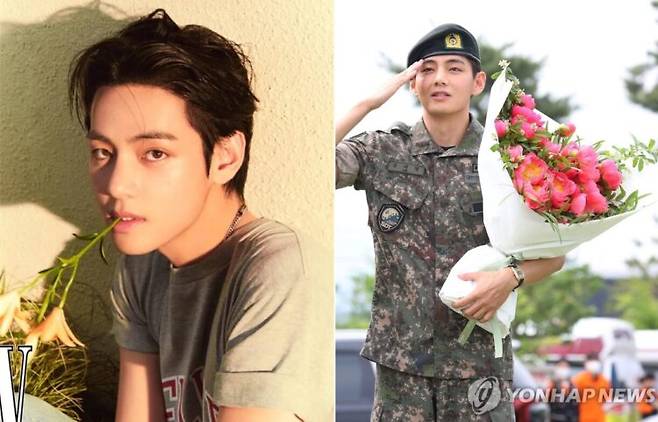 육군 현역 복무를 마치고 만기 전역한 그룹 방탄소년단(BTS) 뷔가 10일 강원 춘천시 신북읍체육공원에서 취재진을 향해 거수경례하고 있다. [사진=SNS, 연합뉴스]