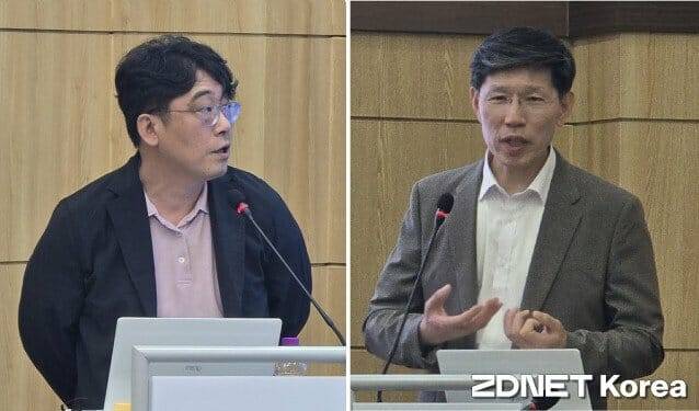 10일 열린 기술융합포럼서 주제발표자로 나선 양정연 목원대 교수(왼쪽)와 유원필 ETRI 인공지능창의연구소장.
