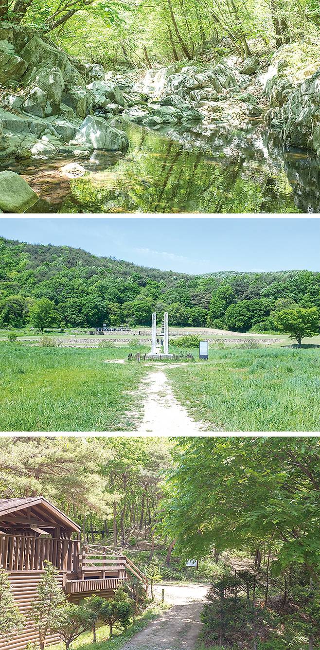 (위로부터) 맑은 물이 흐르는 용현계곡, 보원사지 당간지주, 용현자연휴양림