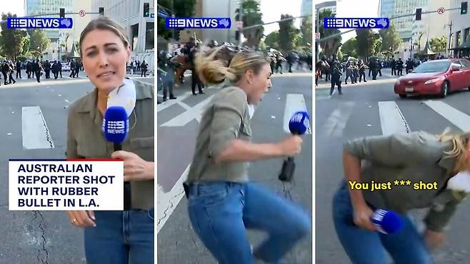 8일(현지 시각) 호주 매체 9뉴스의 미국 특파원 로렌 토마시가 미국 LA 시위 취재 도중 경찰이 쏜 고무탄에 맞아 고통스러워하고 있다. 사진=9뉴스 캡처