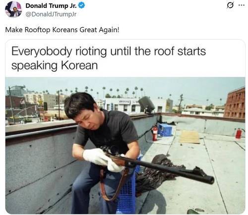 트럼프 대통령의 장남 도널드 트럼프 주니어는 8일(현지시간) 엑스(X·옛 트위터)에 “루프탑 코리안(Rooftop Koreans)을 다시 위대하게 만들자!”는 글과 함께 사진 한 장을 게시했다. 해당 사진 속 인물은 1992년 LA 폭동 때 한인 상점가를 지키기 위해 자경단을 조직했던 이들로 보인다. 도널드 트럼프 주니어 엑스 캡처