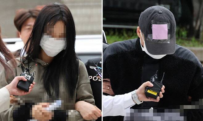 축구 국가대표팀 주장 손흥민의 아이를 임신했다고 주장하며 손씨에게 돈을 뜯어내려 한 20대 여성 양모씨(왼쪽)와 40대 남성 윤모씨가 17일 영장실질심사를 받기 위해 서울중앙지법에 들어서고 있다. 연합뉴스