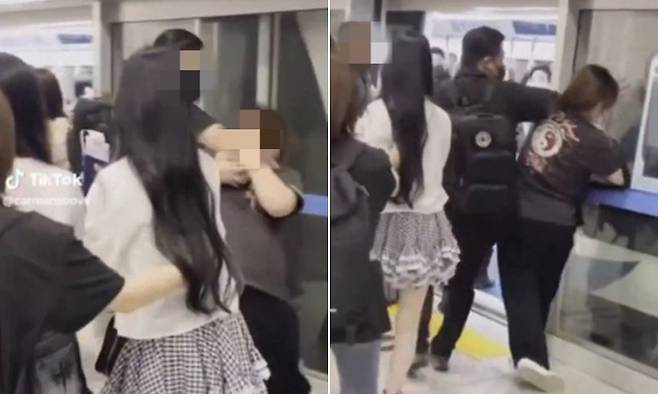 SM엔터테인먼트 소속 걸그룹의 경호원이&nbsp;인천국제공항 여객터미널의 셔틀트레인에서&nbsp;시민을 밀치고 위협하는 장면. SNS 캡처