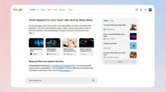 구글 ‘AI 모드’를 사용해 “깊은 수면 중 심박수는 얼마쯤 돼?”라고 검색하니 “심박수가 크게 낮아진다”는 검색 결과 요약과 함께 요약본 출처가 제시됐다. 김지현 제공