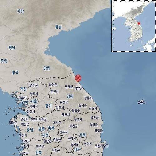 10일 오후 11시 53분 28초 강원 고성군 동남동쪽 11km 해역에서 규모 2.2의 지진이 발생했다고 기상청이 밝혔다./기상청 제공