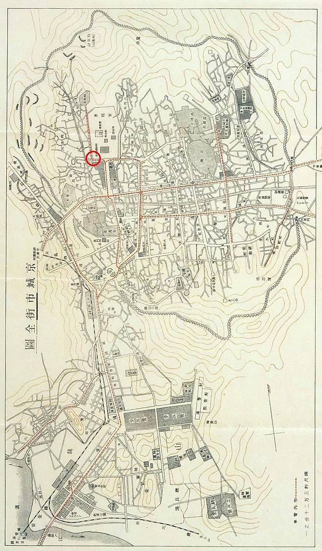 1929년 기준 전차 노선이 표시된 경성시가전도로, 동그라미를 친 부분이 사고 지점이다. 사진 출처 국사편찬위원회