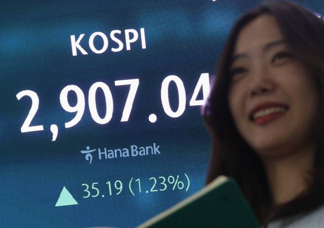 코스피가 2,900대에 안착한 11일 서울 중구 하나은행 딜링룸 현황판에 코스피 종가가 표시돼있다. [연합뉴스]