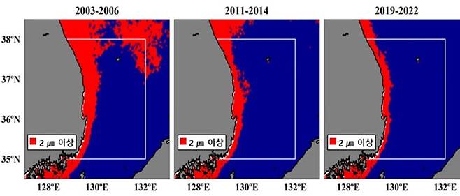 연도 구간별로 측정한 한반도 동해상 중·대형 식물플랑크톤 분포 변화도. 국립수산과학원 제공