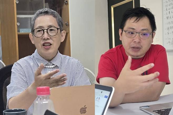 가오루핑(왼쪽) 대만재생에너지협회 사무총장과 자오자웨이 대만기후행동네트워크 대표연구원이 한겨레와 인터뷰하고 있다. 옥기원 기자 ok@hani.co.kr