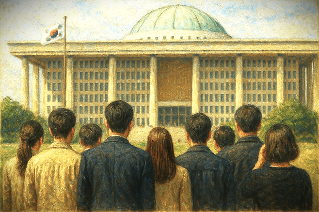 인공지능 챗GPT에 ‘국회를 바라보는 한국 시민들의 모습을 담은 사실적인 유화’를 요청해 생성한 이미지.
