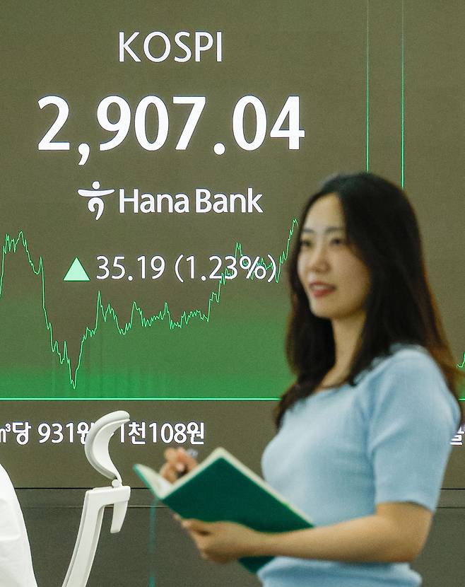 11일 코스피 지수가 전일 대비 35.19포인트(1.23%) 상승한 2907.04에 마감된 가운데 서울 중구 하나은행 딜링룸에서 딜러가 업무를 보고 있다. 코스피 지수가 2900선을 돌파한 것은 2022년 1월 이후 약 3년5개월 만이다. 최상수 기자