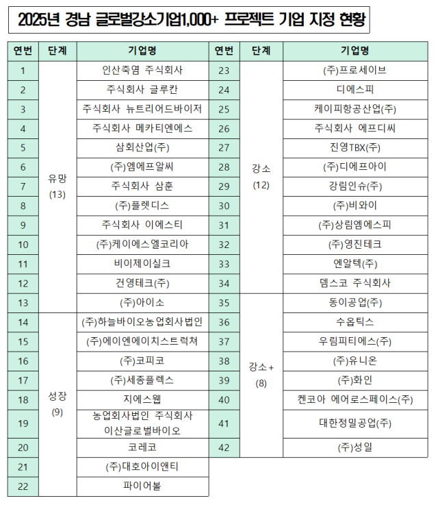 2025년 경남 글로벌강소기업1,000+ 프로젝트 기업 지정 현황./경남중기청/
