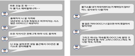 A 경위가 담당 사건 피의자인 B씨에게 보낸 메시지. 〈사진=서울중앙지검 제공〉