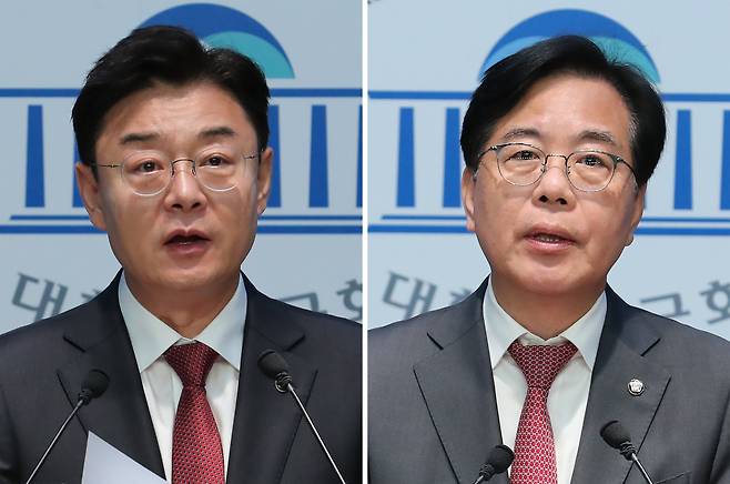 국민의힘 김성원(왼쪽), 송언석 의원이 12일 오전 서울 여의도 국회 소통관에서 각각 원내대표 출마 기자회견을 하고 있다. /남강호 기자