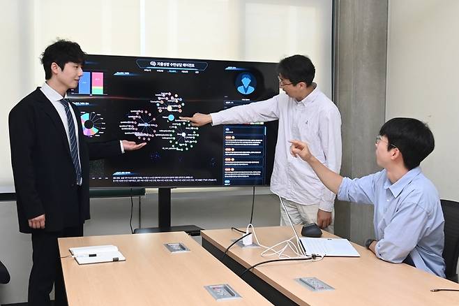 ETRI 연구진이 자율성장형 수면상담 AI 에이전트 기술에 관해 논의하고 있다.
