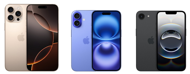 왼쪽부터 아이폰16 프로맥스, 아이폰16 일반형, 아이폰16e. 〈사진 애플 홈페이지〉