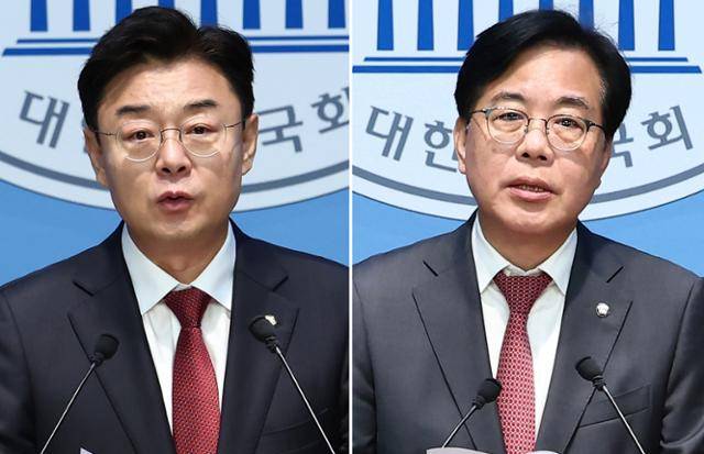 국민의힘 김성원(왼쪽), 송언석 의원이 12일 오전 서울 여의도 국회 소통관에서 각각 원내대표 출마 기자회견을 하고 있다. 뉴스1