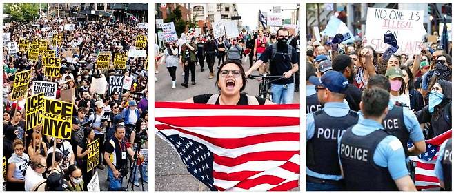 < LA 이민자 시위, 美 전역으로 확산 > 미국 전역에서 도널드 트럼프 행정부의 불법 이민자 단속을 규탄하는 반이민 시위가 확산하는 가운데 10일(현지시간) 뉴욕시에서 이민세관단속국(ICE) 급습에 반대하는 시위대가 뉴욕 경찰과 충돌하고 있다(왼쪽 사진). 이날 콜로라도주 덴버에선 시위대가 거리에 성조기를 들고나와 ICE에 반대하는 행진을 했다(가운데 사진). 일리노이주 시카고에서도 경찰이 이민자 권리 시위대와 대치하고 있다(오른쪽 사진).   /UPI·AFP연합뉴스